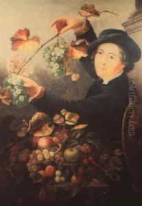 A Young Man Holding A Grapevine Behind A Basket Of Fruit