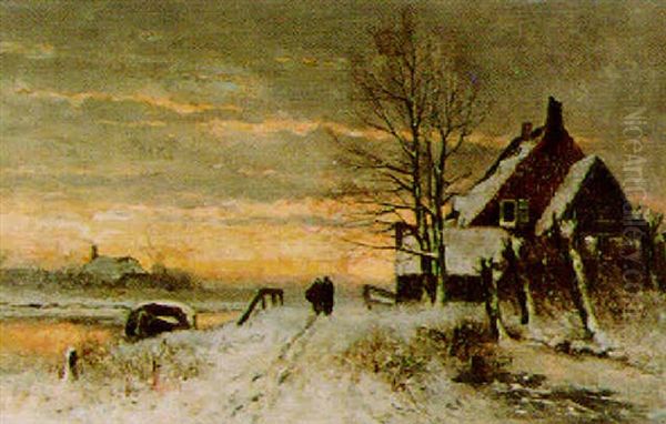 Winter Landscape With Figures Returning Home At Dusk - view 1