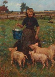A Young Girl Feeding The Pigs