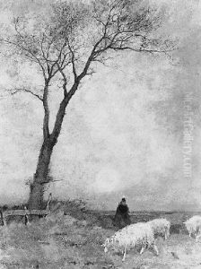 Winter Landscape With Shepherd And Flock by Louis Albert Roessingh