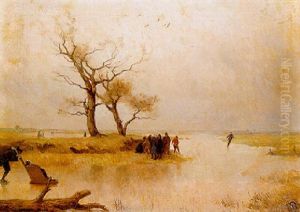 Winter Fun: A Skater Pushing A Sledge On A Frozen River by Louis Albert Roessingh
