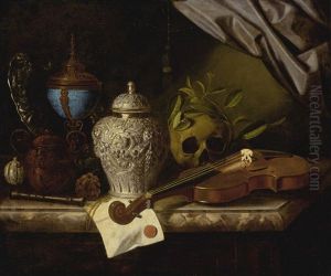A Vanitas Still Life With A Violin, A Skull Draped With Laurel Branches, A Silver Ginger Jar, A Recorder, A Letter With A Red Seal, A Silver Gilt Hardstone Cup, And A Silver Dish, All On A Marble Ledge