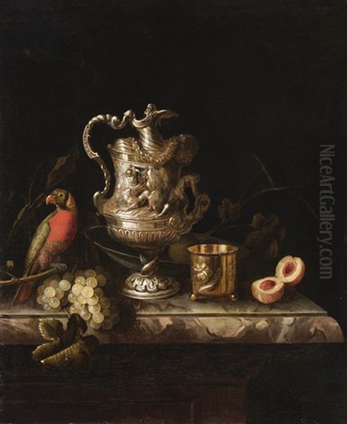 A Still Life With A Parrot, Grapes, A Peach And An Elaborate Italian Silver Ewer Decorated With Hercules Fighting The Nemean Lion - view 1