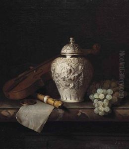 An English Silver Ginger Jar With A Violin, Flute And Grapes On A Stone Ledge
