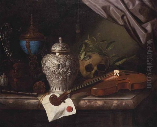 A Violin, A Skull Draped With Laurel Branches, A Silver Ginger Jar, A Recorder, A Letter With A Red Seal, A Silver-gilt, Hardstone Cup And A Silver Dish On A Marble Ledge - view 1