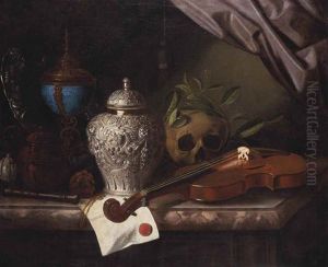 A Violin, A Skull Draped With Laurel Branches, A Silver Ginger Jar, A Recorder, A Letter With A Red Seal, A Silver-gilt, Hardstone Cup And A Silver Dish On A Marble Ledge