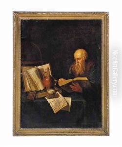 A Doctor, Seated Half-length, Holding An Open Book, At A Table Stacked With Further Books, A Globe, Flask, Hour-glass And Cup