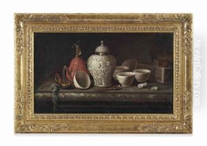 Still Life Of Cups, A Jar And Boxes On A Marble Ledge