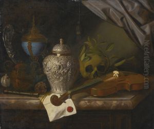 A Vanitas Still Life With A Violin, A Skull Draped With Laurel Branches, A Silver Ginger Jar, A Recorder, A Letter With A Red Seal, A Silver Gilt Hardstone Cup And A Silver Dish, All On A Marble Ledge by Pieter Gerritsz van Roestraten