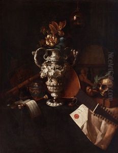 A Vanitas Still Life With Regalia, Musical Instruments, A Reflecting Imperial Orb, A Skull And Bones And A Charter Group