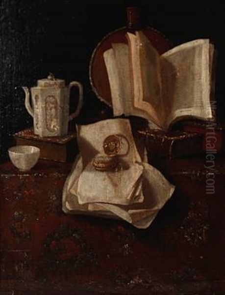 Still Life With Books, Jug And Clock On A Flowered Rug - view 1