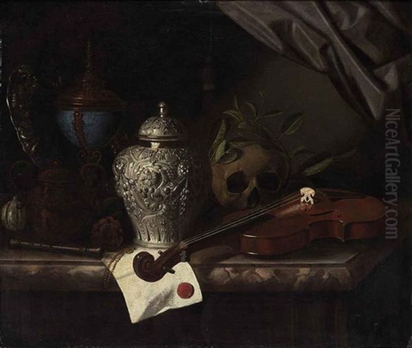Violin, A Skull Draped With Laurel Branches, A Silver Ginger Jar, A Recorder, A Letter With A Red Seal, A Silver Gilt Hardstone Cup And A Silver Dish... - view 1