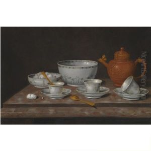 A Still Life Of A Yixang Metal-mounted Teapot On A Stone Ledge With Eight Chinese Export Pieces