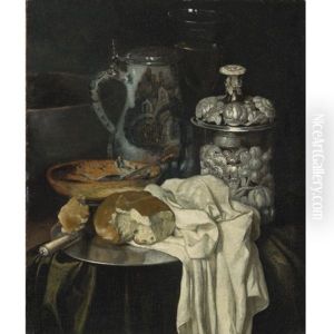 Still Life With A Beer Tankard, A Wine Glass, A Silver Vessel And Bread On A Pewter Plate, With Other Objects On A Draped Table