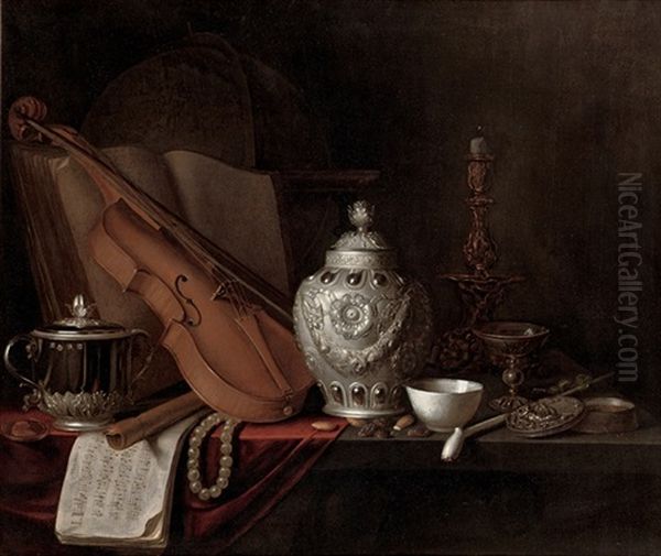 A Silver Ginger Jar, A Violin, A Silver Porringer, A Globe, A Pearl Necklace, A Gilt Candlestick, A Porcelain Bowl And More On A Partly Draped Table - view 1