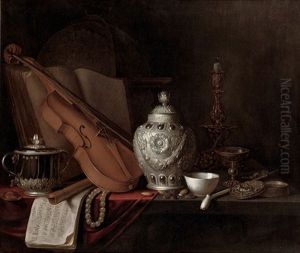 A Silver Ginger Jar, A Violin, A Silver Porringer, A Globe, A Pearl Necklace, A Gilt Candlestick, A Porcelain Bowl And More On A Partly Draped Table by Pieter Gerritsz van Roestraten
