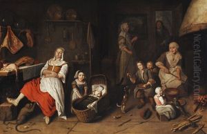 A Family In A Kitchen, With A Maid Asleep By A Table Laden With Meat