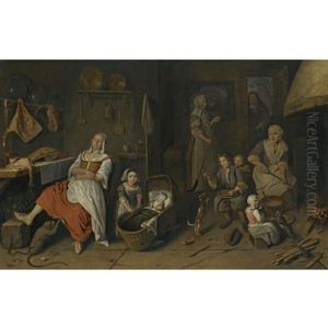 A Kitchen Interior With A Woman Cooking At The Hearth, Children Playing And A Woman Resting By The Butcher's Table by Pieter Gerritsz van Roestraten