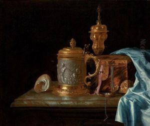 A Sculpted Alabaster Tankard, A Conch Shell, A Gilt Cup And A Draped Jewelery Box by Pieter Gerritsz van Roestraten