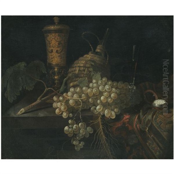 A Still Life With A Golden Goblet, A Flagon Of Wine, A Pocket Watch, A Bunch Of Grapes Laid Out On A Stone Ledge Partly Draped With A Carpet - view 1