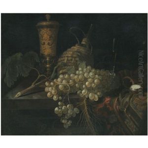 A Still Life With A Golden Goblet, A Flagon Of Wine, A Pocket Watch, A Bunch Of Grapes Laid Out On A Stone Ledge Partly Draped With A Carpet by Pieter Gerritsz van Roestraten