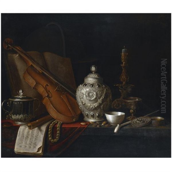 A Still Life With A Silver Ginger Jar, A Violin, A Pearl Necklace, A Recorder, Music Sheets, A Silver Porringer, A Book, A Globe, A Gilt Candlestick, A Glass, A Porcela - view 1