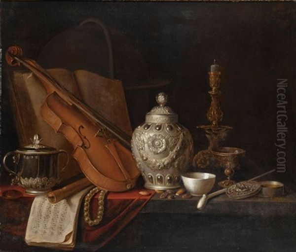 A Still Life With A Silver Ginger Jar, A Violin, A Pearl Necklace, A Recorder, Music Sheets, A Silver Porringer, A Book, A Globe, A Gilt Candlestick, A Glass, A Porcela - view 1