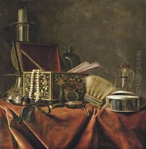 A Silver Candlestick, An Emamelled Jewellery Box With A Pearl Necklace And A Pair Of Fans, A Pocket Watch, A Brush, A Silver Box And A Small Jug On A Draped Table