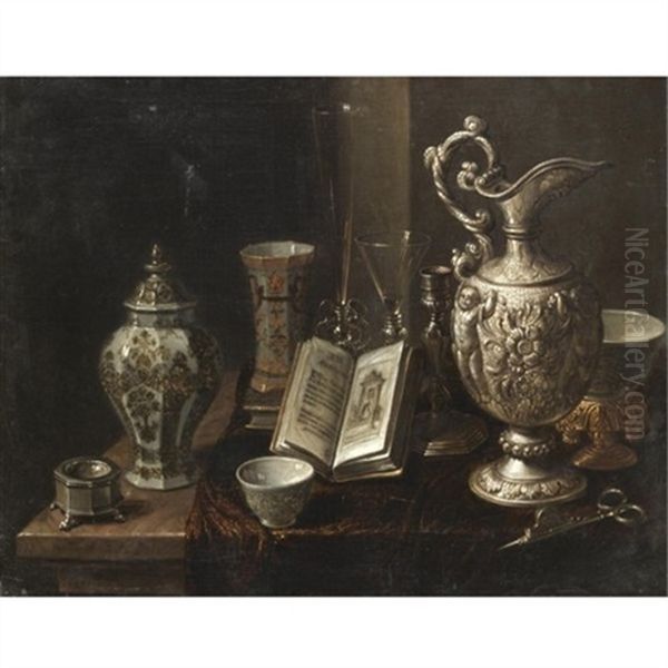 Roestraeten_pieter Gerritsz Van A Still Life With A Silver Ewer, A Candle Snuffer, Various Glasses And Porcelain Vases Together On A Marble Tabletop Draped With A Cloth - view 1