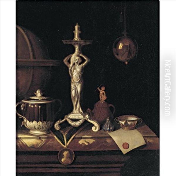 Still Life With A Candlestick, A Charles Ii Caudle Cup And Cover, A Two Handled Spout Cup, A Globe And A Document With A Wax Seal All Resting On A Table - view 1