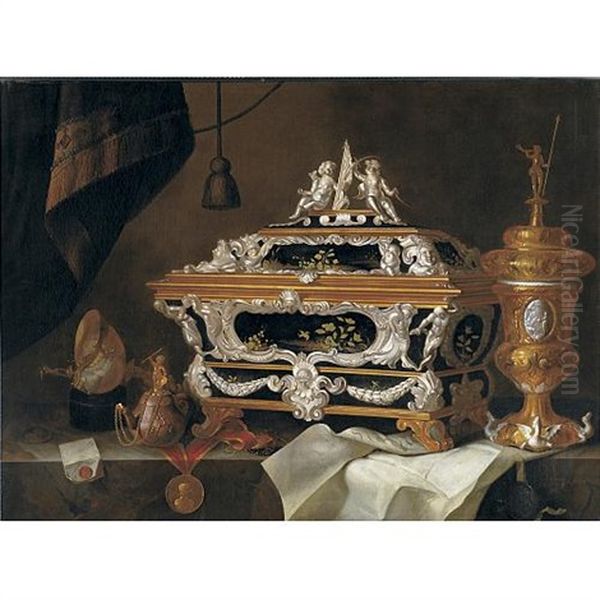 Still Life With An Elaborate Silver And Black Lacquer Casket, A Gilt Cup And Cover, A Teapot, A Letter, A Medallion, Nautilus Cup And A Watch All On A Ledge - view 1