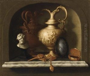 A Still Life With Two Sculpted Jugs With A Scene With Neptune, An Intaglio Medallion, A Golden Snuff-box, A Golden Chatelaine And A Small Bust Of A Satyr