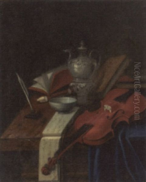 A Violin, A Recorder, A Music Score, A Quill And Ink, A Silver Teapot And Books On A Partially Draped Table - view 1