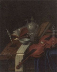 A Violin, A Recorder, A Music Score, A Quill And Ink, A Silver Teapot And Books On A Partially Draped Table by Pieter Gerritsz van Roestraten