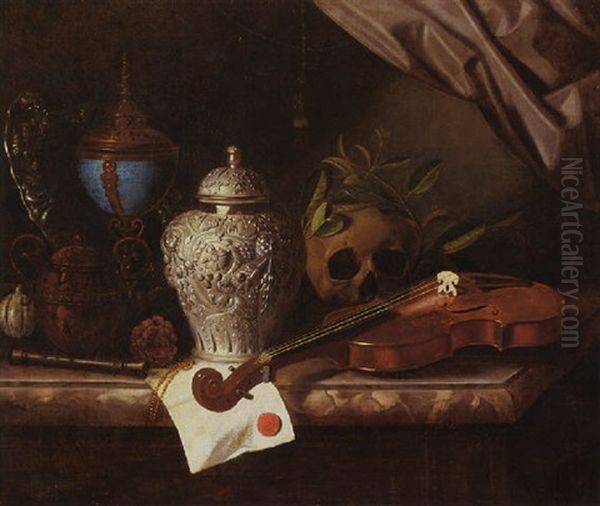 A Vanitas Still Life With Violin, Recorder, A Skull Draped With Laurel Branches And A Silver Ginger Jar On Marble Ledge - view 1