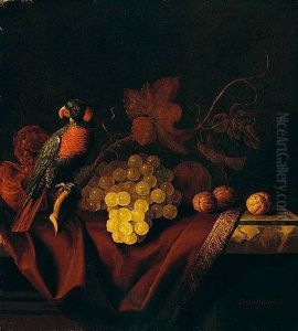 A Still Life Of Grapes And Walnuts With A Parrot On A Marble Ledge, Draped With A Fringed Cloth