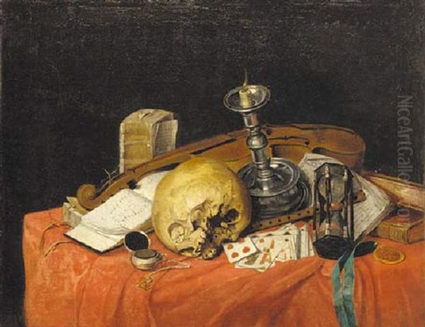 A Vanitas Still Life With A Skull, Hourglass, Candle, Cards, A Pocket Watch, Books, A Medal, A Violin And An Open Book Of Music On A Draped Table - view 1