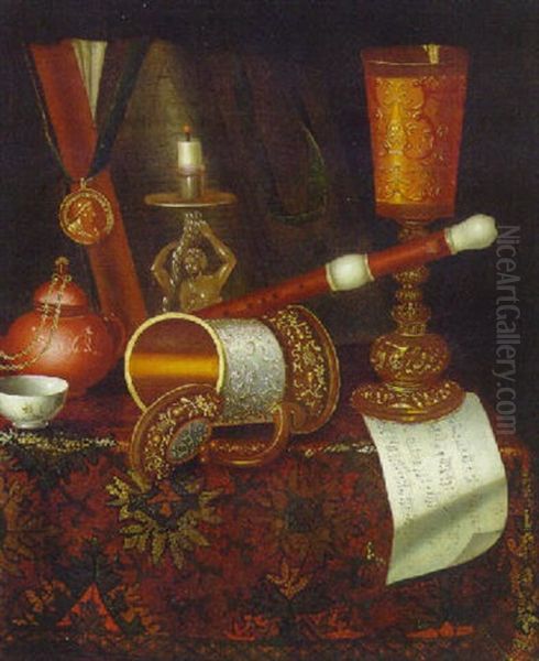 An Upturned Tankard, A Candlestick, A Book, A Medal, A Teapot, A Porcelain Bowl, A Recorder And A Sheet Of Music - view 1