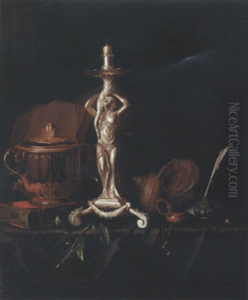 Still Life With Silver Candlestick, Inkwell And Globe On A Table - view 1
