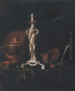 Still Life With Silver Candlestick, Inkwell And Globe On A Table