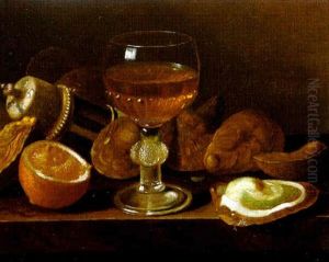Still Life With A Glass Of Wine, An Overturned Caster, Oysters And A Cut Lemon O A Ledge by Pieter Gerritsz van Roestraten