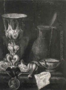A Silver-gilt Tazza, A Medallion, A Ewer And Sheet Of Paper On A Ledge