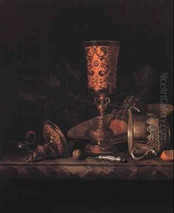Silver-gilt Standing Cup And Cover, Fruit And A Knife On A Marble Ledge by Pieter Gerritsz van Roestraten