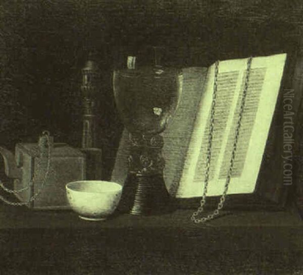 Still Life With Roemer, Candle, Teapot And A Book On A Table - view 1
