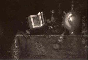 Still Life Of Books, A Lute, A Glass Bottle With Gilt       Appliques, A Candlestick And A Flask, All On A Table Covered