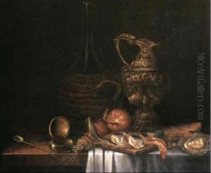 A Still Life With Herrings, An Onion, Oysters And Walnuts   Upon A Table Beside A Gilt Ewer And A Flagon Of Wine by Pieter Gerritsz van Roestraten