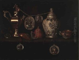 Nature Morte A L'aiguiere, Au Vase Couvert Et A La Theiere, A La Coupe Verseuse Et Aux Medailles by Pieter Gerritsz van Roestraten