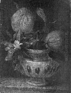 A Still Life Of Orange Blossom And Fruit In A Silver Tobacco Jar