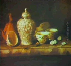 Still Life Of A Frosted Silver Ginger Jar With A Stoneware Teapot by Pieter Gerritsz van Roestraten
