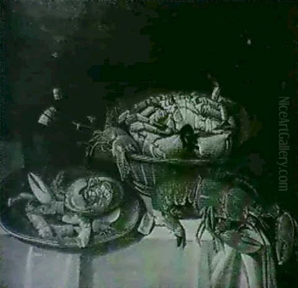 A Still Life Of Shellfish Arranged In Pewter Dishes Upon A Table Draped With A White Cloth... - view 1